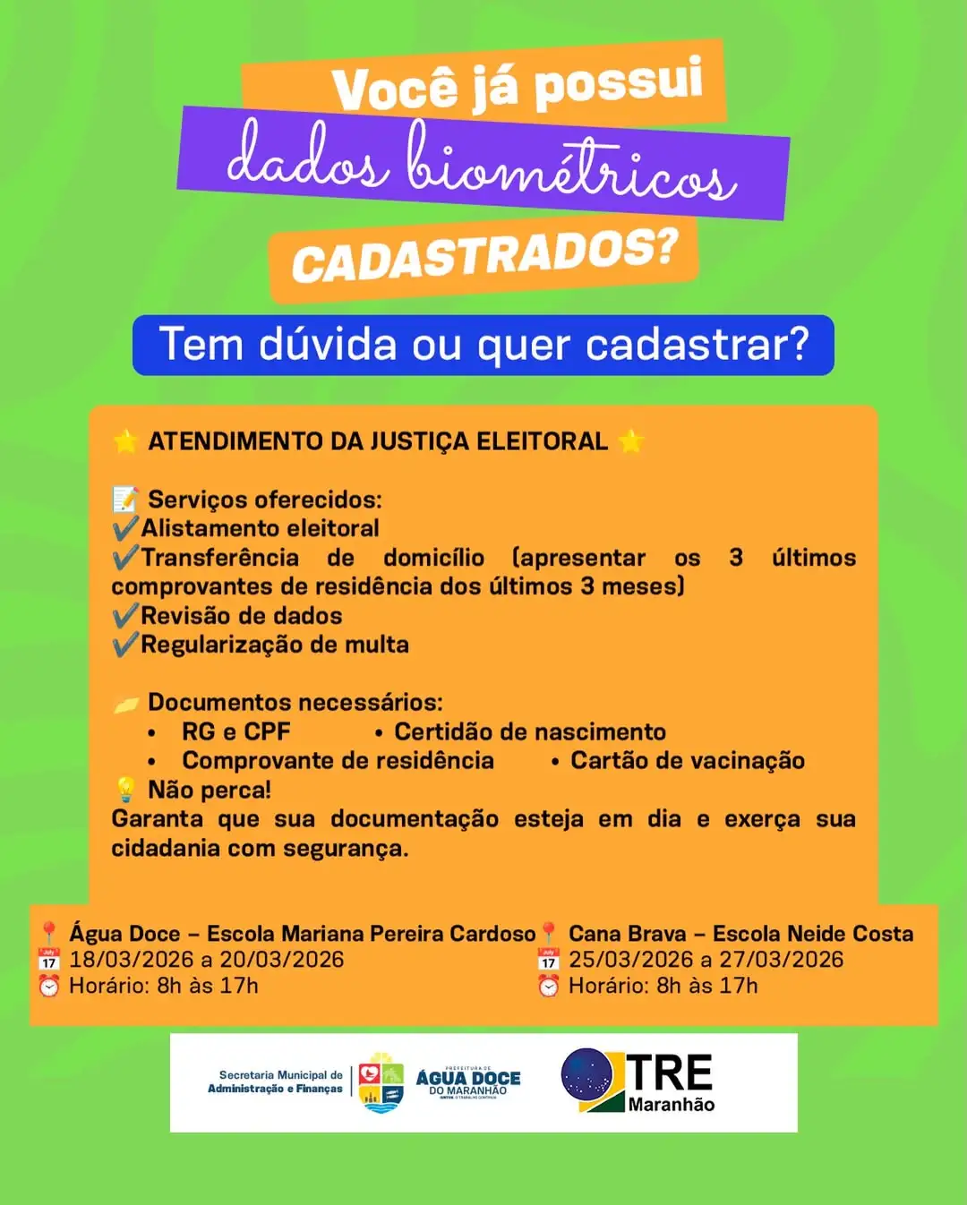 🗳️ Campanha Biometria 2025/2026 terá atendimento descentralizado em Água Doce do Maranhão