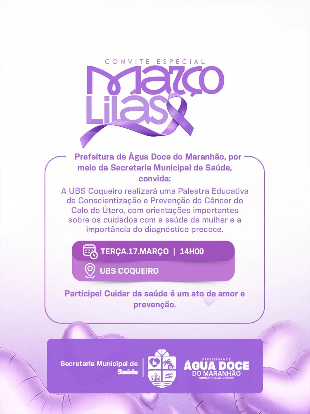 Prefeitura de Água Doce do Maranhão convida para ação de prevenção à saúde da mulher